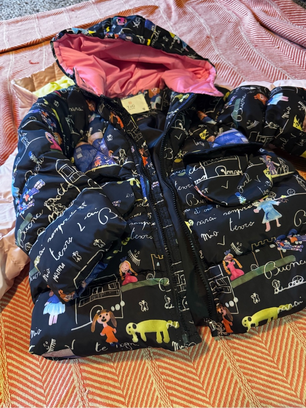 Girls Navy Blue Puffer Coat with Colorful Character Print and Pink Lining